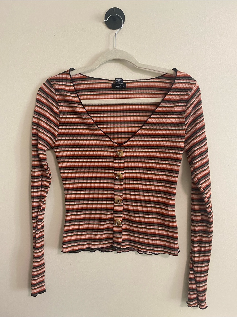 Rue21 Multi-Striped Ribbed Button-Front V-Neck Long Sleeve Top